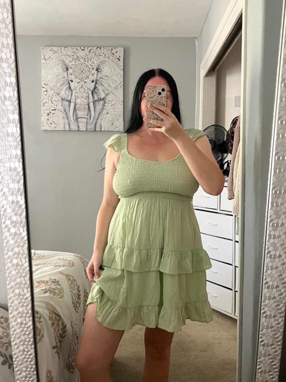 Light Pastel Green Ruffled Tiered Mini Dress Flutter Sleeves M Medium - Picture 2 of 7